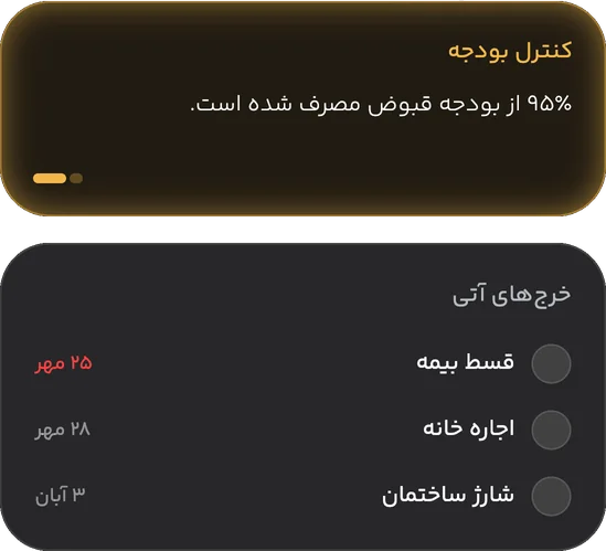 کارت کنترل بودجه: ۹۵٪ بودجه‌ی قبوض مصرف شده، و فهرست خرج‌های آتی