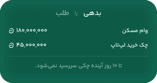 کارت بدهی: وام مسکن ۱۸۰ میلیون و چک خرید لپ‌تاپ ۴۵ میلیون تومان