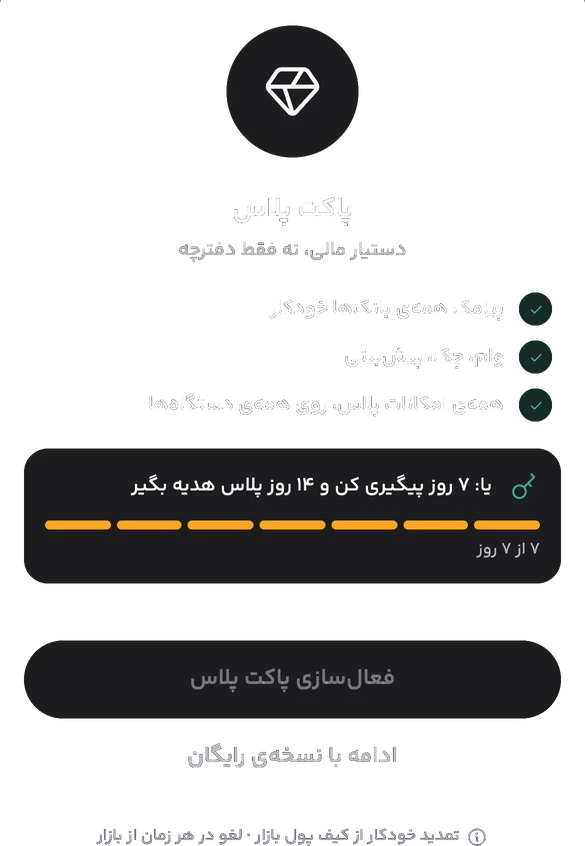 برگه‌ی پاکت پلاس با امکانات و کلید هدیه‌ی ۱۴ روزه